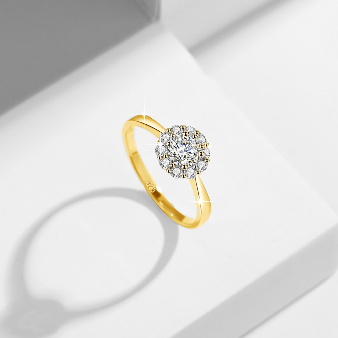 "Gold Halo" Round Brilliant Moissanite Diamond Ring